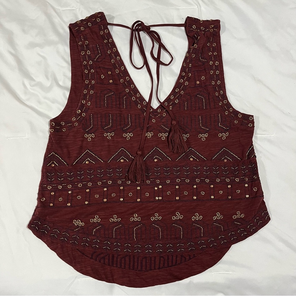 Free People Medium Autumn Gold Beaded V-Neck Tank Boho Bohemian Tassel Tie Hi-Lo